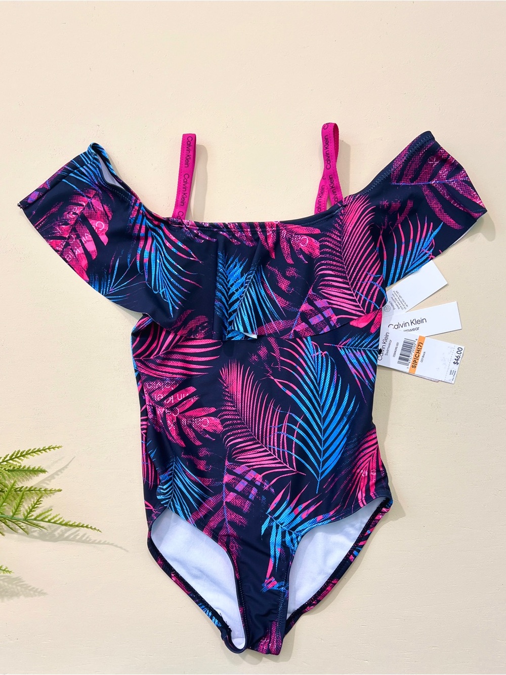 Calvin Klein Girls' Size S Tropical Off Shoulder One-Piece Swimsuit Pink & Blue